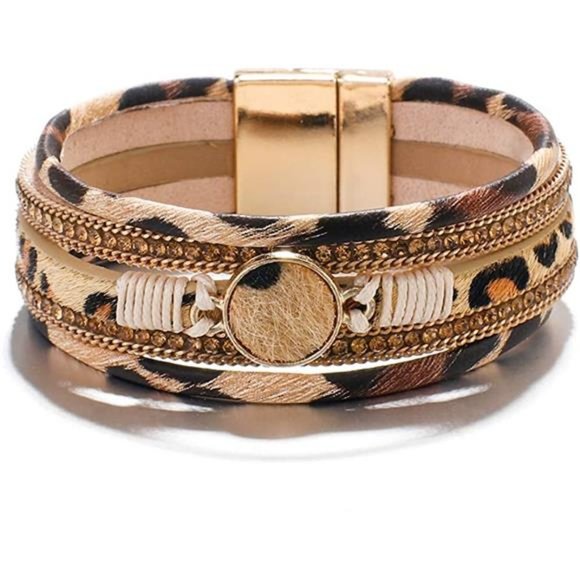 Boho Multi-Layered Leather Wrap Bracelet with Resin Crystal Stone Charms - Picture 6 of 6